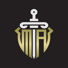 MA Logo monogram with sword and shield combination isolated with gold colors