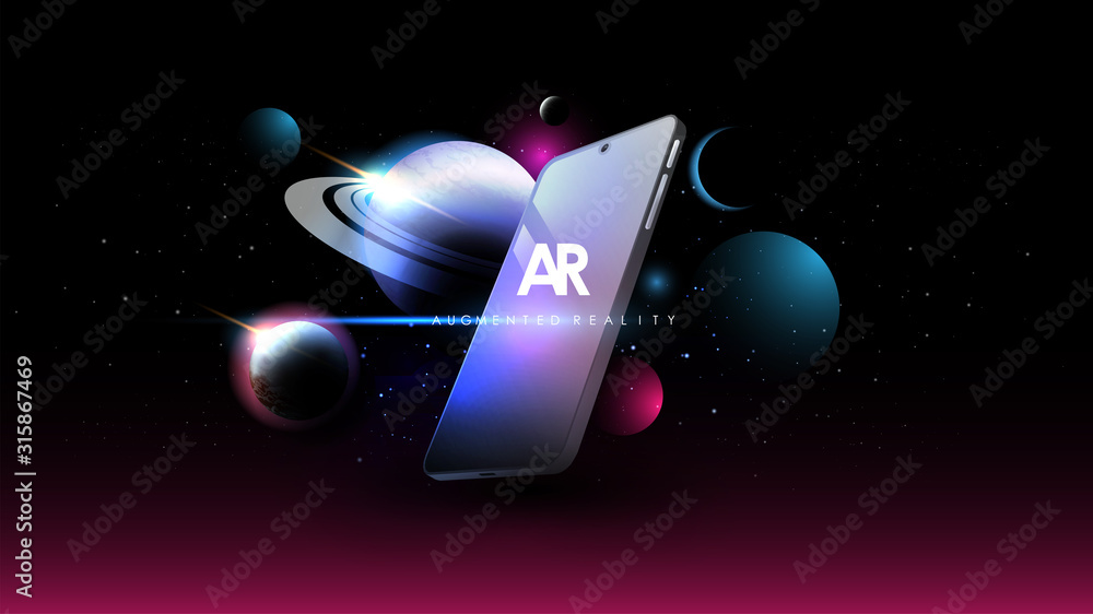 Poster augmented reality creative banner. ar technology concept for web and app. concept with space backgro