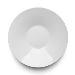 Simple circular porcelain plate isolated on white and shadow with clipping path.