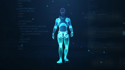 Human puppet on virtual 3d digital space with futuristic blue HUD. X-ray scan.