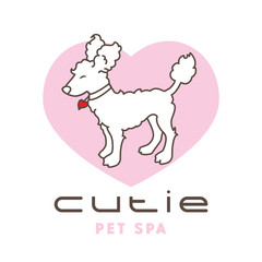 Cutie Dog Spa Logo Template. A cute dog drying at the groomer. Bichon Frisé, Poodle in a heart. 
