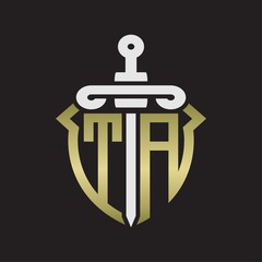 TA Logo monogram with sword and shield combination isolated with gold colors