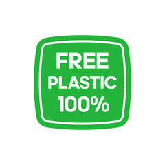 Free plastic 100 percent green rectangle sticker with round corners. Vector illustration.