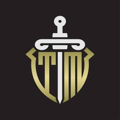 TM Logo monogram with sword and shield combination isolated with gold colors