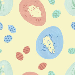 Happy Easter egg background. Paschal bunny. Yellow Easter eggs seamless pattern. Holidays banner. Easter celebration blush flowers. Gift wrap wallpaper. Blossom April decorative floral composition. 