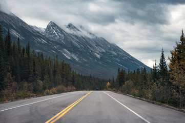 Road trip with Rocky mountains in autumn forest on gloomy at Banff national park