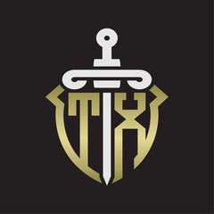 TX Logo monogram with sword and shield combination isolated with gold colors