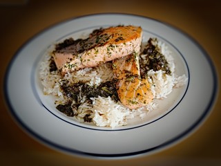 delicious roasted salmon filet with rice