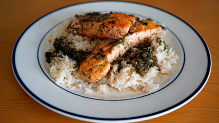 delicious roasted salmon filet with rice