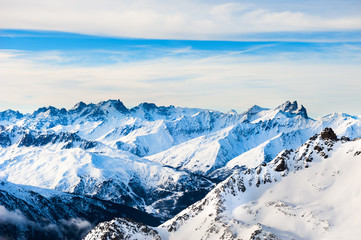 Fototapeta na wymiar Ski resort in winter mountains. Val Thorens, 3 Valleys, France.