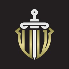 UV Logo monogram with sword and shield combination isolated with gold colors