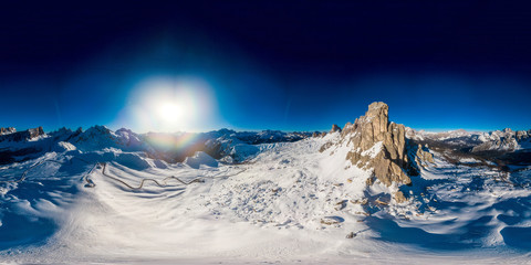 360 Panorama of Ra Gusela (Passo Giau) over a blue sky, near Cortina D'Ampezzo, Italy