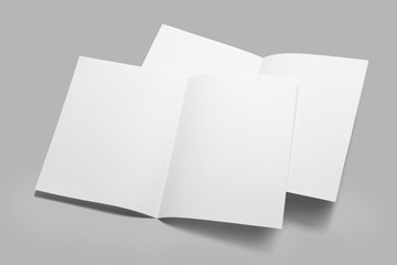 Two half-folded blank papers (booklets, postcards, flyers or brochures) mockup template on gray background