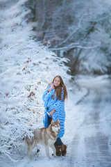 A dog walks in a snowy forest with a woman.