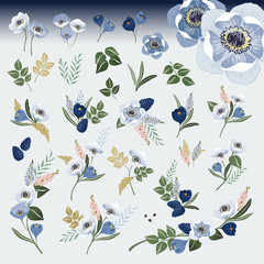 Fototapeta premium Vector illustration of floral collection. A set of beautiful flowers and branches for for Wedding, anniversary, birthday and party. Design for banner, poster, card, invitation and scrapbook