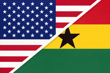 USA vs Ghana national flag from textile. Relationship between two american and african countries.