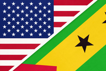 USA vs Sao Tome and Principe national flag from textile. Relationship between two american and african countries.