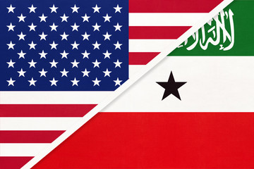 USA vs Somaliland national flag from textile. Relationship between two american and african countries.