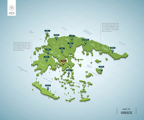 Stylized map of Greece. Isometric 3D green map with cities, borders, capital Athens, regions. Vector illustration. Editable layers clearly labeled. English language.