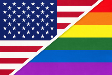 USA vs rainbow flag of LGBT community from textile opposite each other