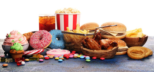 Unhealthy products. food bad for figure, skin, heart and teeth.