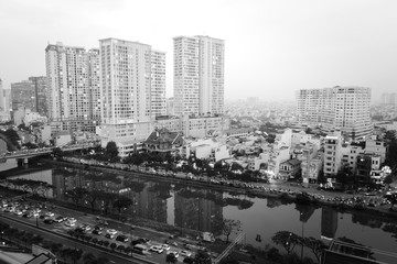 City of Saigon, Vietnam (Ho Chi Minh City). Black and white, elevated view.