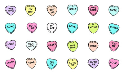 Sweet heart candy. Sweetheart candies isolated on white background, conversation sweets for...