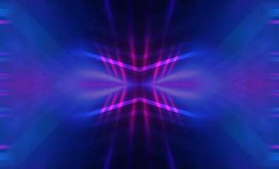 Dark abstract futuristic background. Neon lines glow. Neon lines, shapes. Multi-colored glow, blurry lights, bokeh. Empty stage background