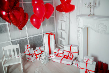 White Gift boxes with red stripe photo studio decor.