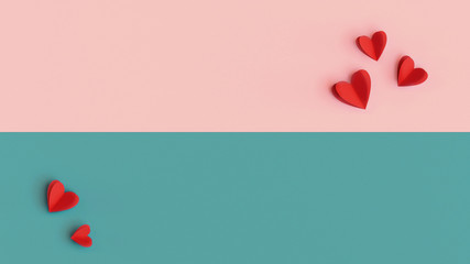 Valentines Day background, colorful decoration design with space for text. Paper cut red hearts on multicolored pastel pink, turquoise background, top view concept. Romantic concept, flat lay nubes.
