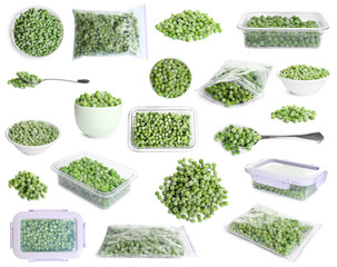 Set of frozen peas on white background. Vegetable preservation