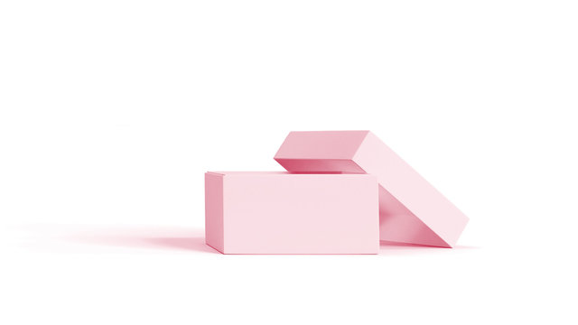 Pink Gift Mockup Isolated No White Background, Closeup Image. Paper Open Empty Box, Present Mock Up Composition With Space For Text. Feminine Minimalist Packaging Object Design, Front View.