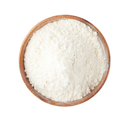 Fototapeta na wymiar Organic flour in bowl isolated on white, top view