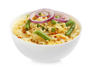 Tasty rice pilaf with green beans and onion isolated on white