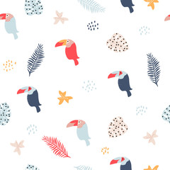 Obraz premium Seamless pattern with toucan and tropical leaves. Cute kids print. VEctor hand drawn illustration.