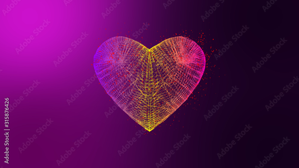 Poster particle colorful pink red yellow purple wireframe heart shape and small red heart particle on gradi