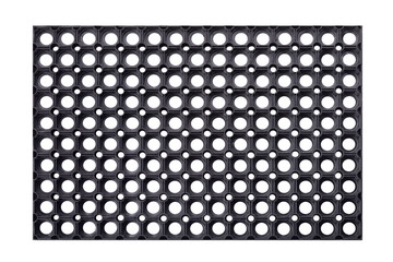 Black rubber entrance mat isolated on white background. Cellular rubber mat for dirt removal....