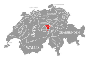 Fototapeta na wymiar Nidwalden red highlighted in map of Switzerland