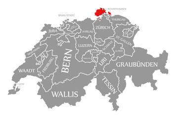 Fototapeta na wymiar Schaffhausen red highlighted in map of Switzerland