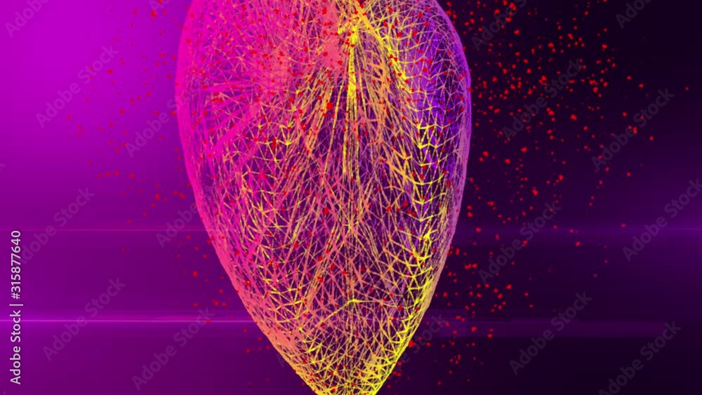 Poster Particle colorful pink red yellow purple wireframe heart shape and small red heart particle. 3D rendering.