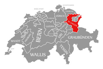 Fototapeta na wymiar St Gallen red highlighted in map of Switzerland
