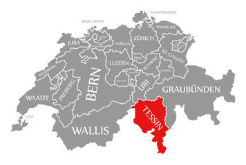 Tessin red highlighted in map of Switzerland