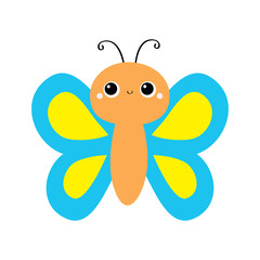 Butterfly flying insect icon. Blue Yellow color. Cute cartoon kawaii funny animal character. Smiling face. Baby kids collection. Flat design. White background. Isolated.