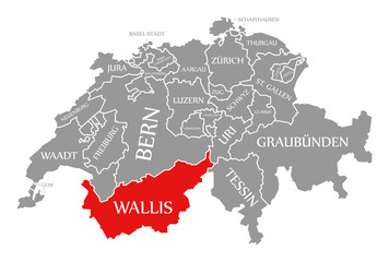 Wallis red highlighted in map of Switzerland - obrazy, fototapety, plakaty
