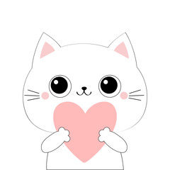 Cat kitten kitty head face holding big pink heart. Happy Valentines Day. Cute cartoon kawaii funny animal character. Flat design. Love card. White background. Isolated.