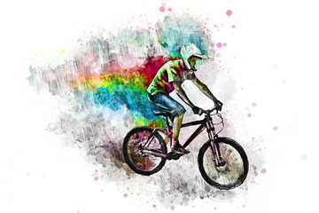 Fototapeta na wymiar Flying cyclist in a helmet on a downhill bike. Watercolor and pencil color illustration on a white background.