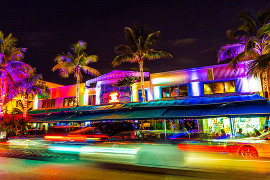 Night view at Ocean drive in South Miami
