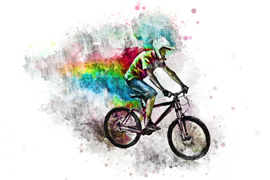 Flying cyclist in a helmet on a downhill bike. Watercolor and pencil color illustration on a white background.