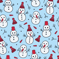 Vector winter pattern in blue and white. Simple doodle snowmen made into repeat. Great for background, wallpaper, wrapping paper, packaging, fashion.