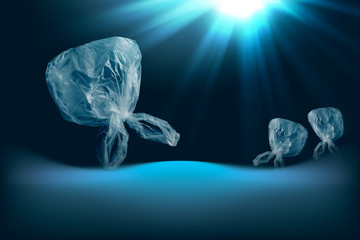 creative background of single-use transparent plastic bag in form of jellyfish floating in sea or...